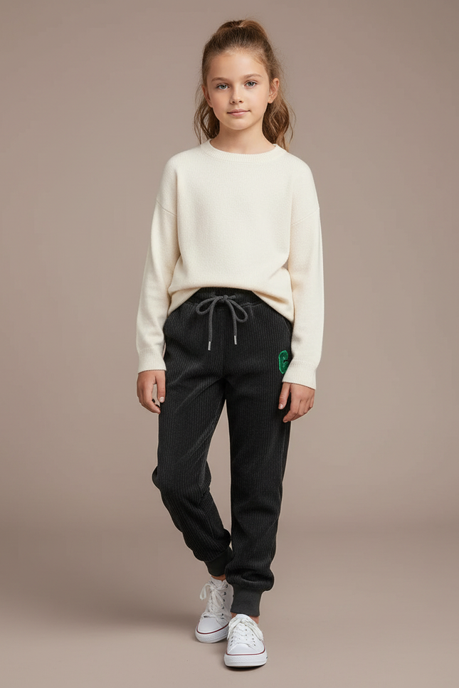 Pantalon Velours Côtelé Ample Gris Enfant Décontracté - Cordé