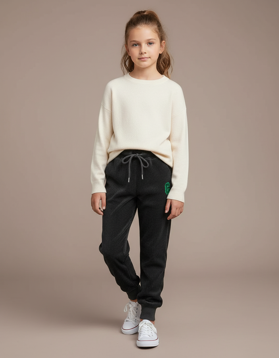 Pantalon Velours Côtelé Ample Gris Enfant Décontracté - Cordé