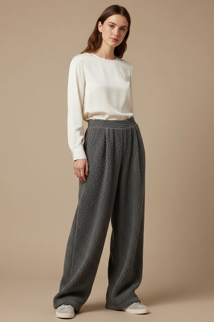 Pantalon Velours Gris Bouclé Large Confortable Femme