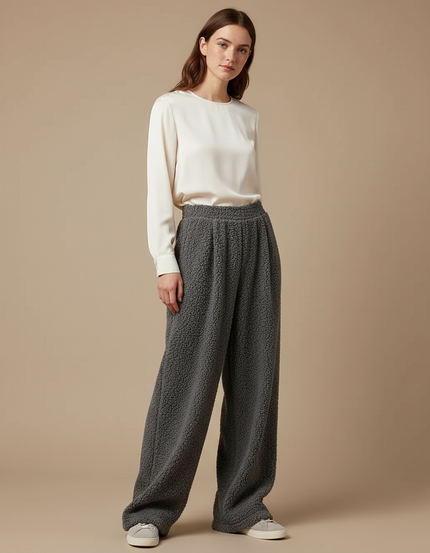 Pantalon Velours Gris Bouclé Large Confortable Femme