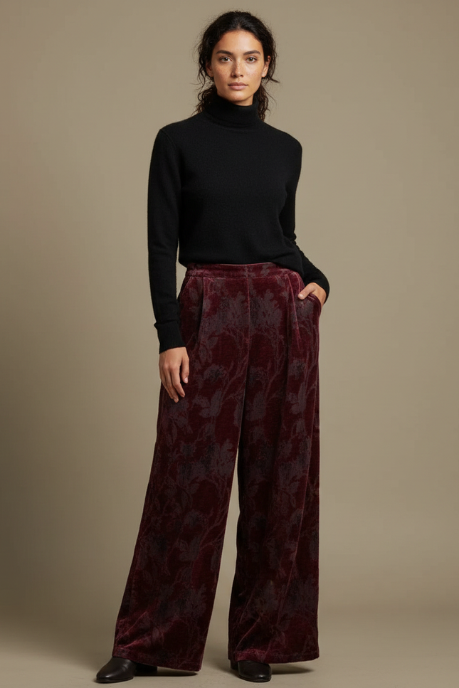 Pantalon Velours Bordeaux Floral Ample Élégant Femme