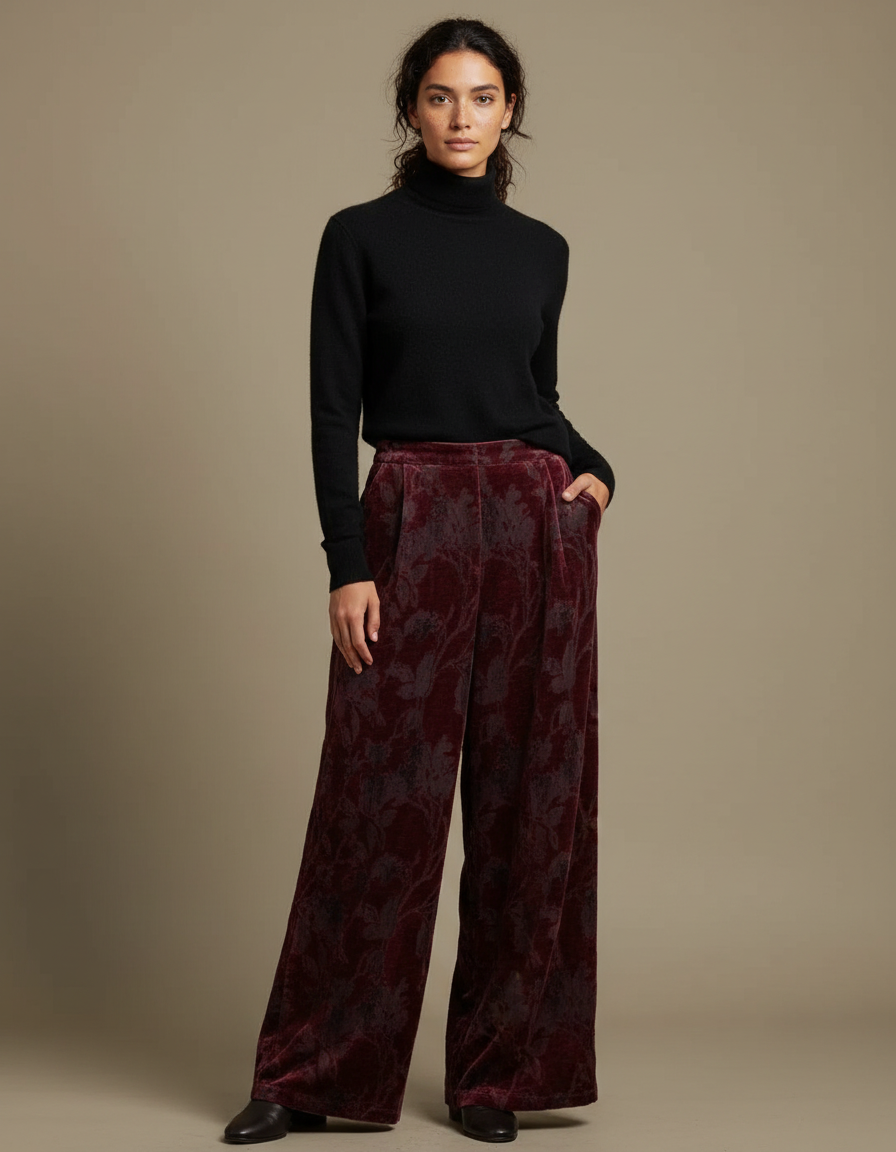 Pantalon Velours Bordeaux Floral Ample Élégant Femme