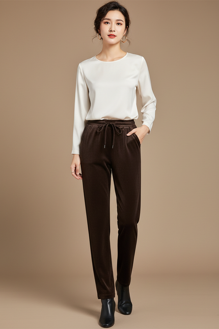 Pantalon Velours Marron Droit Cordon Élastique Femme