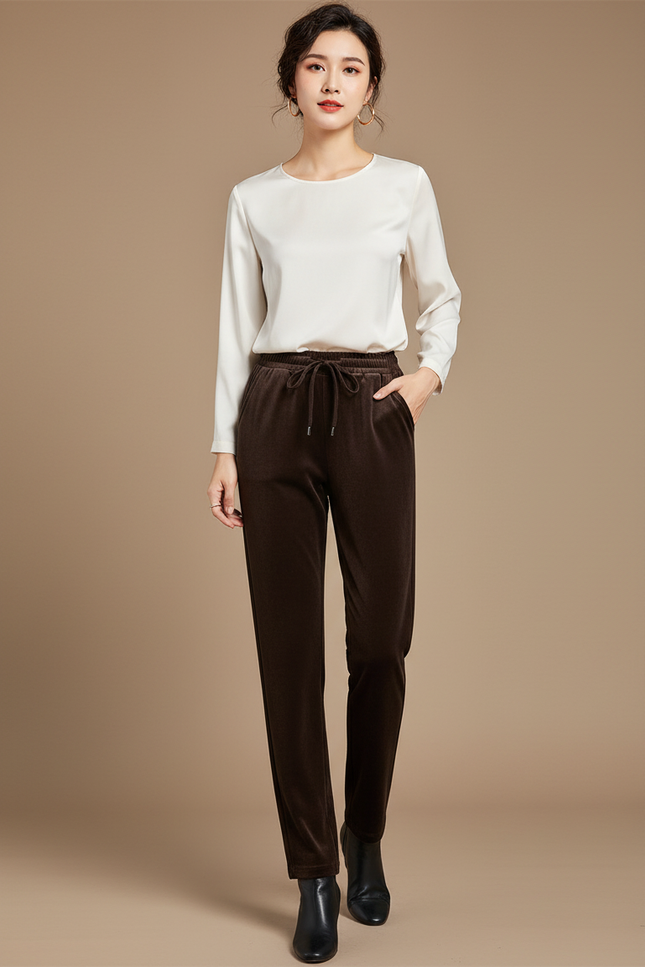 Pantalon Velours Marron Droit Cordon Élastique Femme