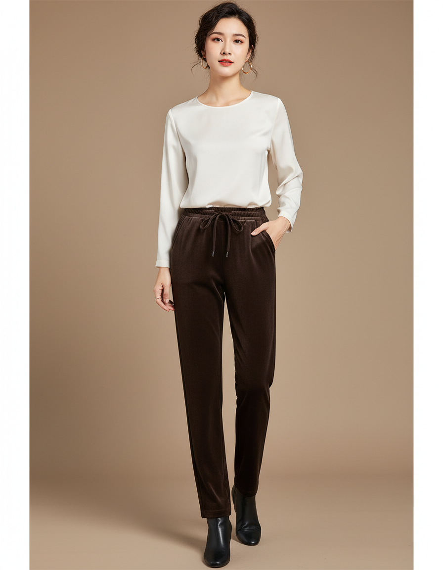 Pantalon Velours Marron Droit Cordon Élastique Femme
