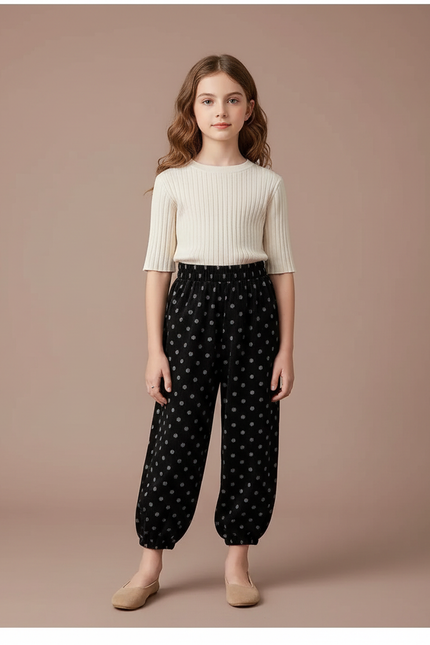 Pantalon Velours Noir Ample Points Décontracté Enfant