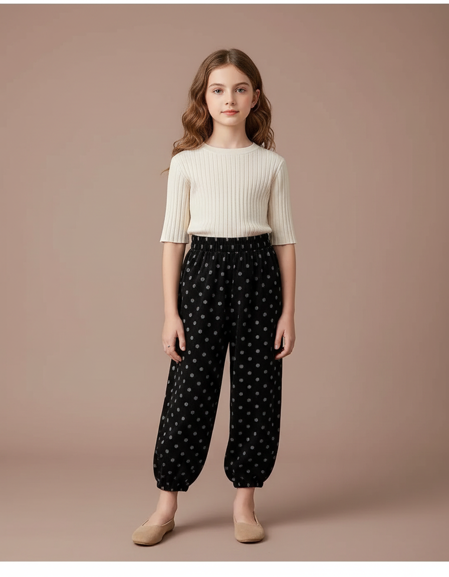 Pantalon Velours Noir Ample Points Décontracté Enfant