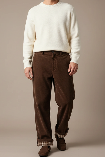 Pantalon Velours Côtelé Marron Large Doublé Plaid Homme