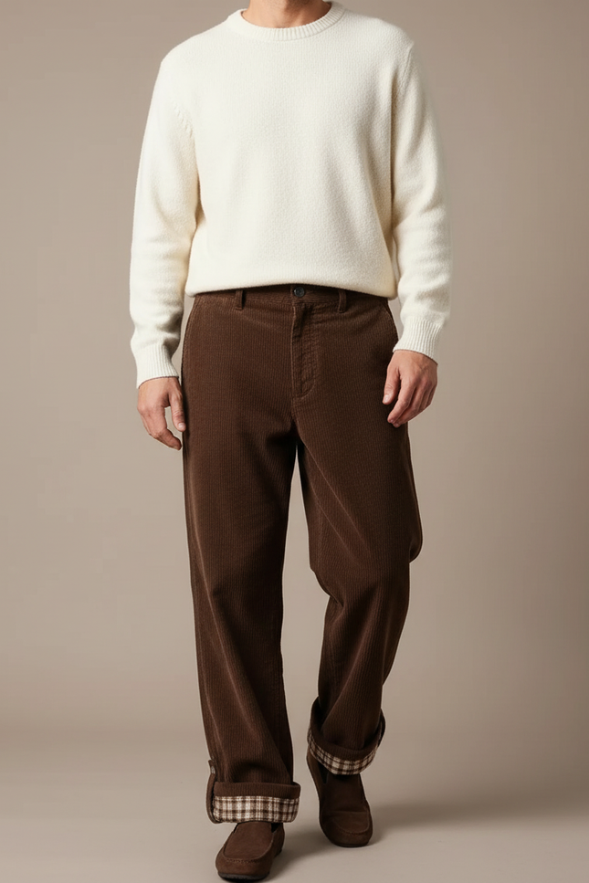 Pantalon Velours Côtelé Marron Large Doublé Plaid Homme