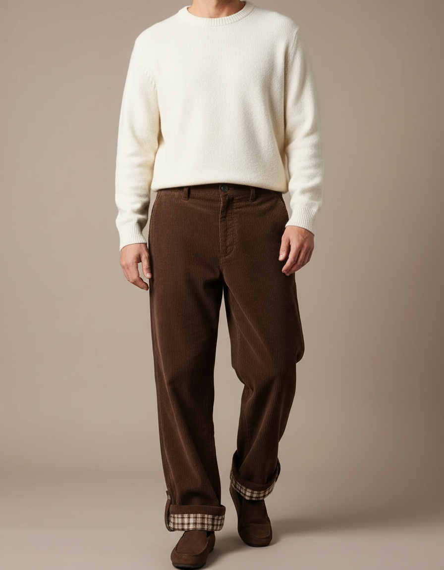 Pantalon Velours Côtelé Marron Large Doublé Plaid Homme