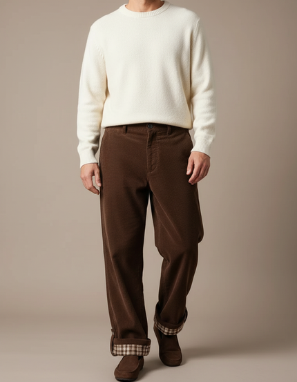 Pantalon Velours Côtelé Marron Large Doublé Plaid Homme