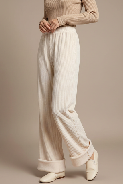 Pantalon Velours Crème Large Côtelé Hiver Femme - Beige Cordé