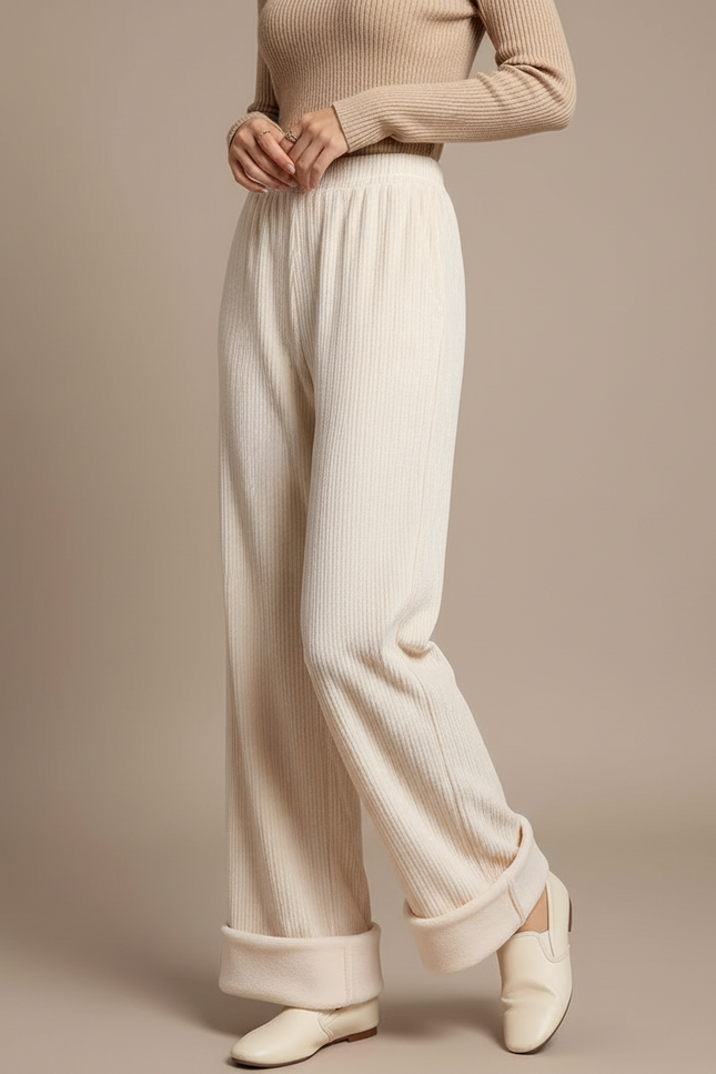 Pantalon Velours Crème Large Côtelé Hiver Femme - Beige Cordé