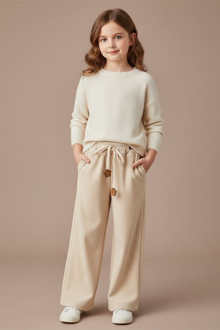 Pantalon Velours Côtelé Écru Ample Fille Décontracté - Beige Cordé