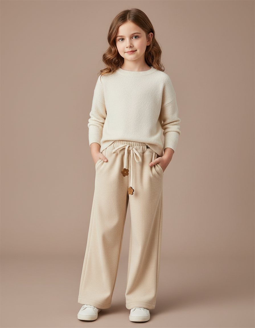 Pantalon Velours Côtelé Écru Ample Fille Décontracté - Beige Cordé