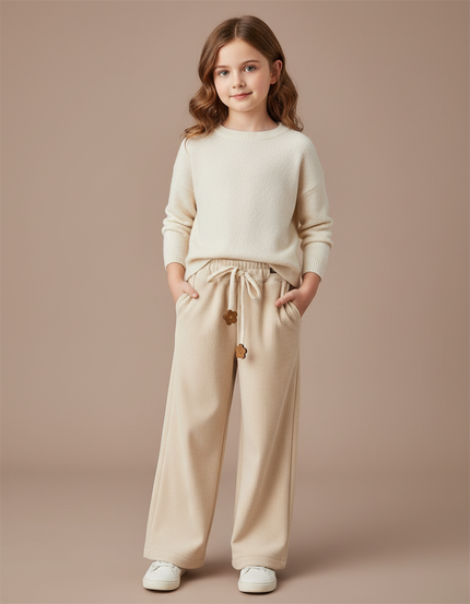 Pantalon Velours Côtelé Écru Ample Fille Décontracté - Beige Cordé