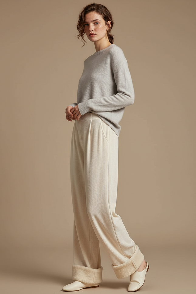 Pantalon Velours Écru Large Doublé Moelleux Femme - Beige Cordé