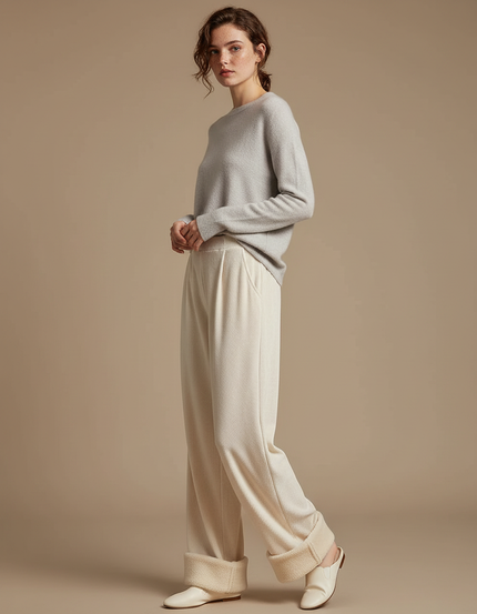 Pantalon Velours Écru Large Doublé Moelleux Femme - Beige Cordé