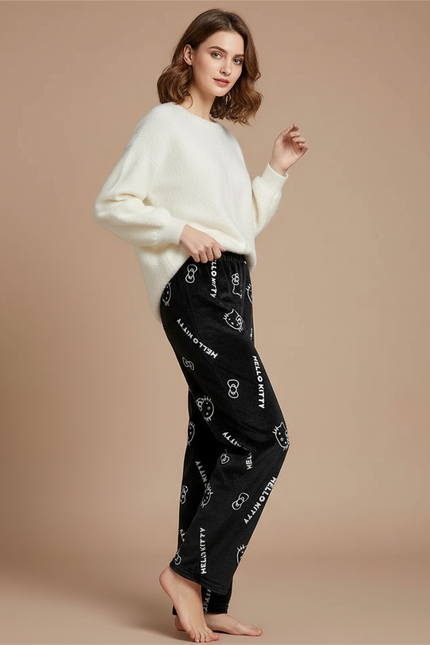 Pantalon Velours Noir Ample Hello Kitty Doux