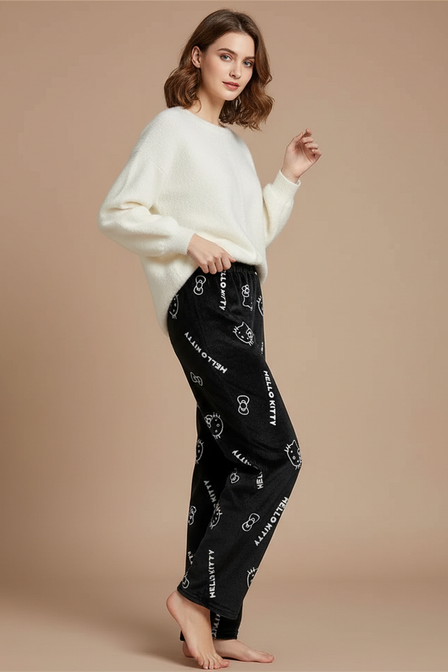 Pantalon Velours Noir Ample Hello Kitty Doux