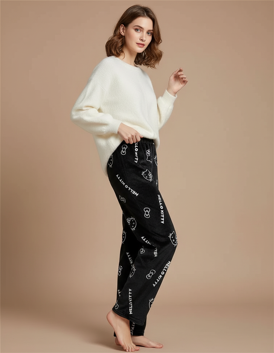 Pantalon Velours Noir Ample Hello Kitty Doux
