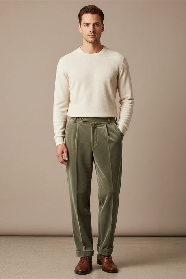 Pantalon Velours Homme Droit Plissé Vert Élégant - Kaki