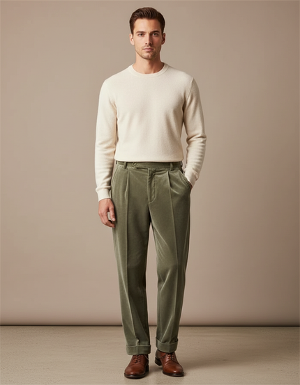 Pantalon Velours Homme Droit Plissé Vert Élégant - Kaki