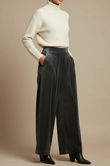Pantalon Velours Gris Plissé Ample Femme Chic