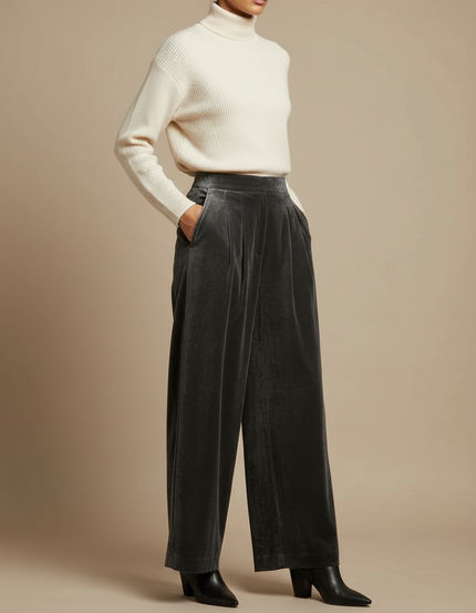 Pantalon Velours Gris Plissé Ample Femme Chic