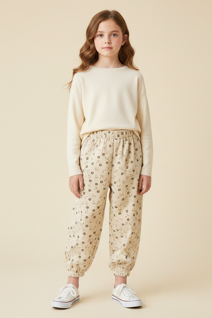 Pantalon Velours Côtelé Écru Imprimé Fleuri Ample Fille - Beige Cordé