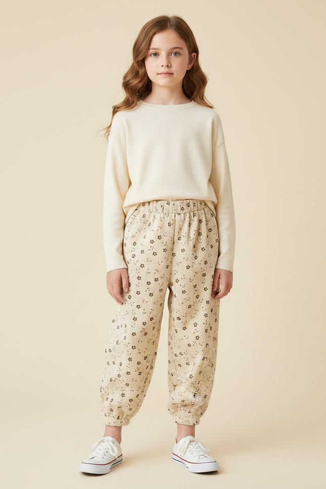 Pantalon Velours Côtelé Écru Imprimé Fleuri Ample Fille - Beige Cordé