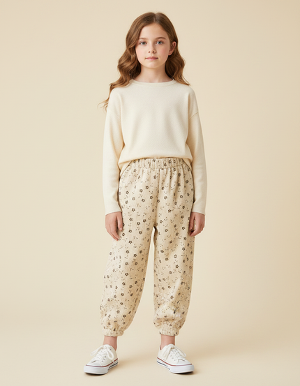 Pantalon Velours Côtelé Écru Imprimé Fleuri Ample Fille - Beige Cordé