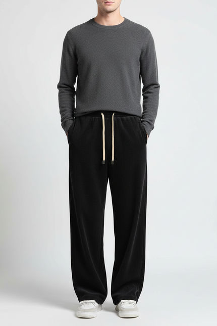 Pantalon Velours Noir Côtelé Ample Décontracté - Cordé