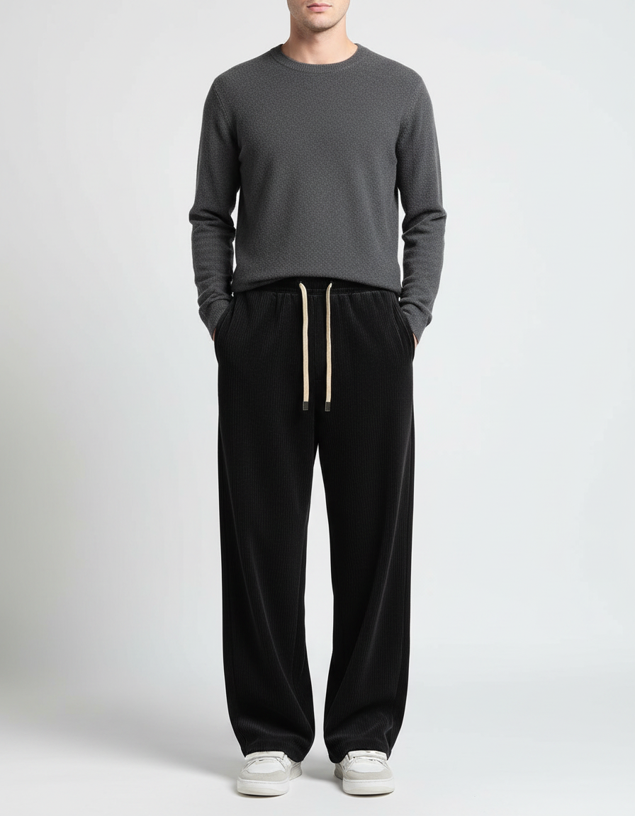 Pantalon Velours Noir Côtelé Ample Décontracté - Cordé