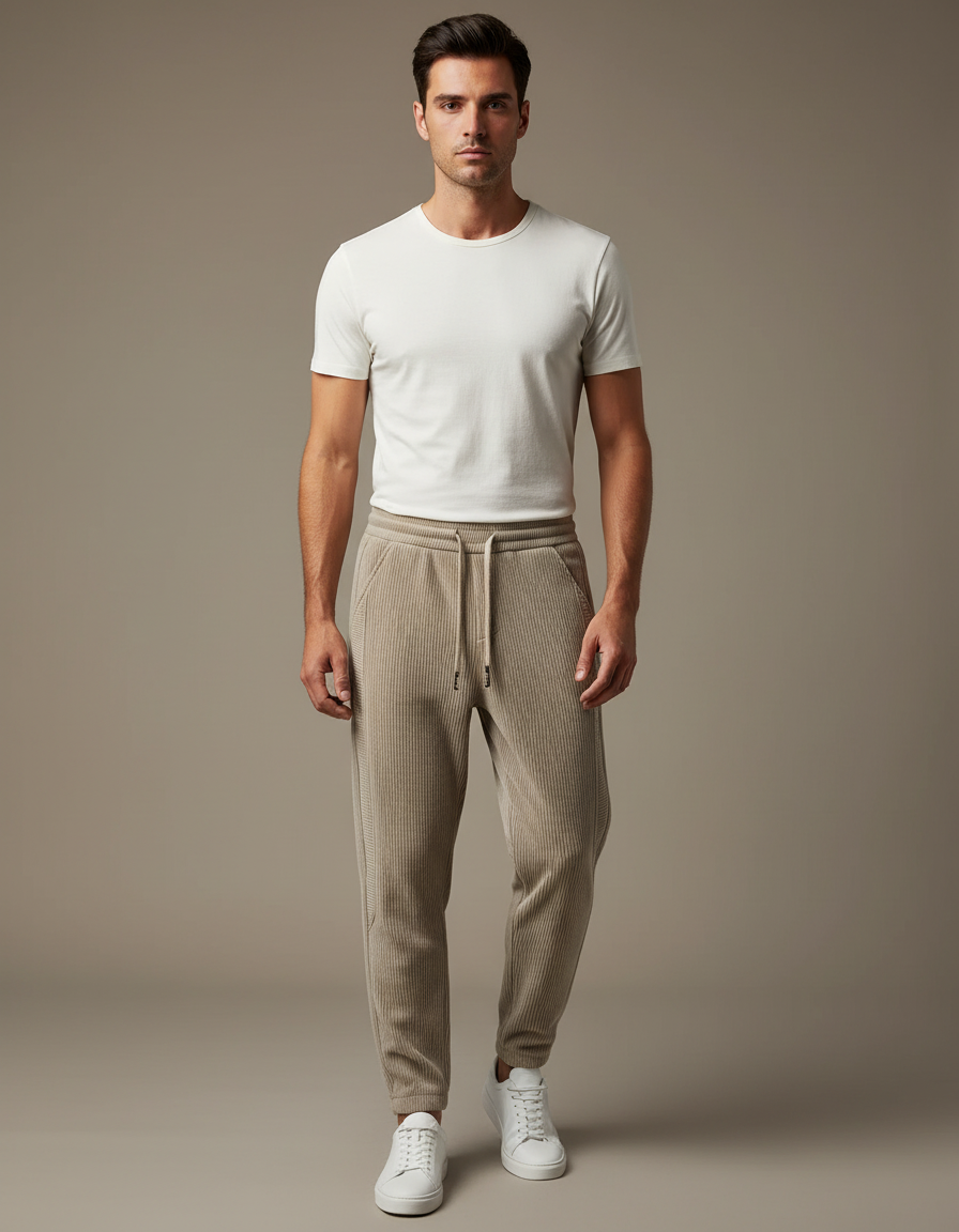 Pantalon Velours Côtelé Beige Décontracté Homme Cordon - Cordé