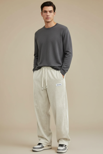 Pantalon Velours Côtelé Ample Décontracté Beige Homme - Cordé