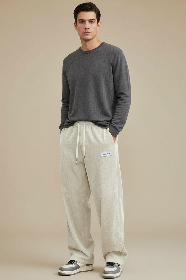 Pantalon Velours Côtelé Ample Décontracté Beige Homme - Cordé