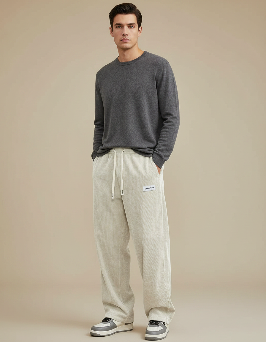 Pantalon Velours Côtelé Ample Décontracté Beige Homme - Cordé