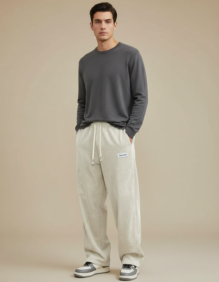 Pantalon Velours Côtelé Ample Décontracté Beige Homme - Cordé