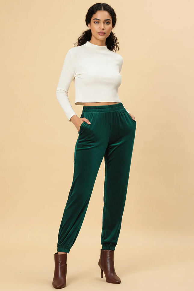 Pantalon Velours Vert Émeraude Harem Décontracté Élastiqué Femme