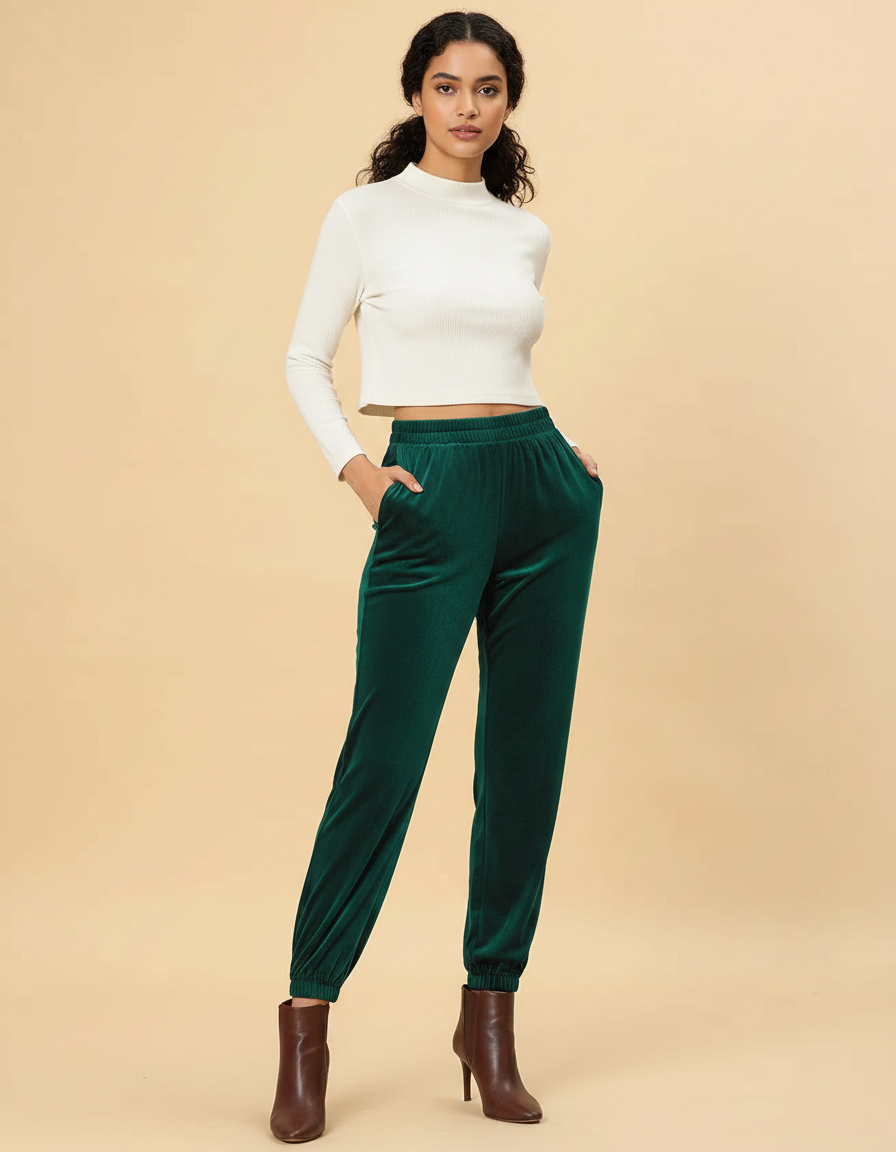 Pantalon Velours Vert Émeraude Harem Décontracté Élastiqué Femme