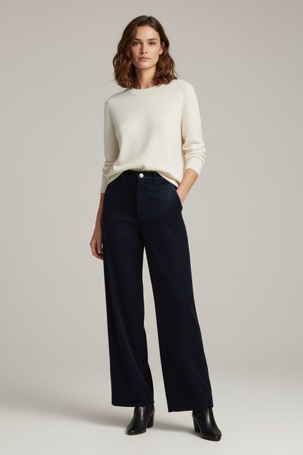 Pantalon Velours Côtelé Bleu Marine Large Taille Haute - Cordé