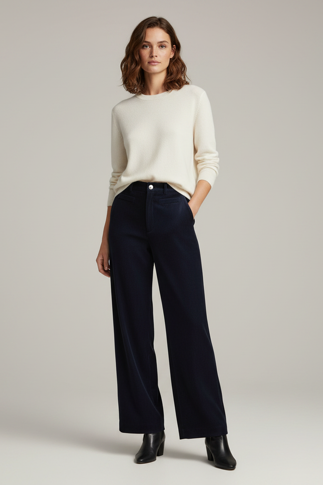 Pantalon Velours Côtelé Bleu Marine Large Taille Haute - Cordé