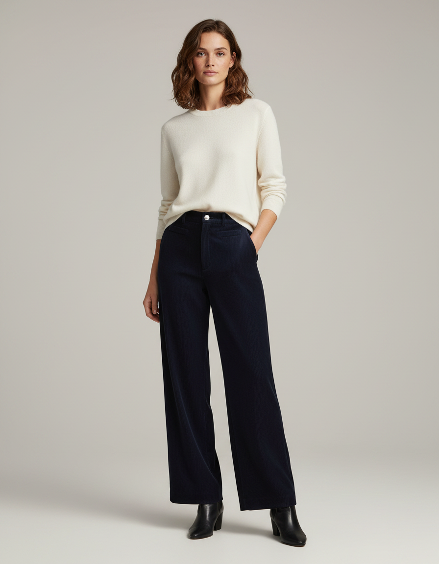 Pantalon Velours Côtelé Bleu Marine Large Taille Haute - Cordé