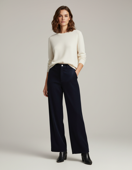 Pantalon Velours Côtelé Bleu Marine Large Taille Haute - Cordé