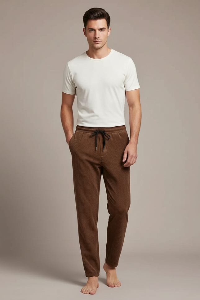 Pantalon Velours Côtelé Marron Homme Décontracté Ample - Cordé