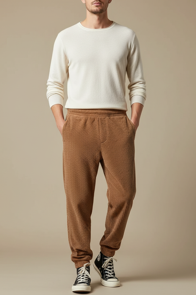 Pantalon Velours Côtelé Marron Décontracté Homme Jogging - Cordé