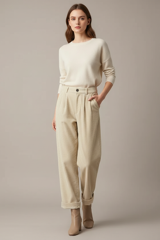 Pantalon Velours Cotele Blanc Femme - Beige Cordé