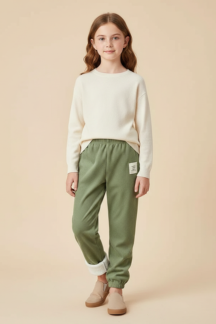 Pantalon Velours Vert Doublé Sherpa Enfant Décontracté Chaud