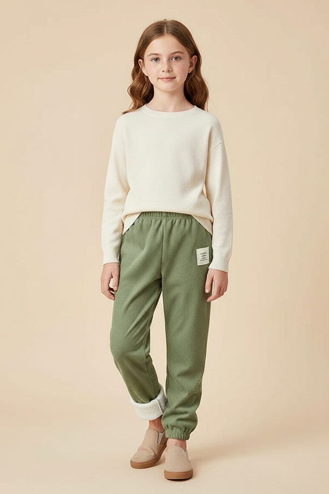 Pantalon Velours Vert Doublé Sherpa Enfant Décontracté Chaud